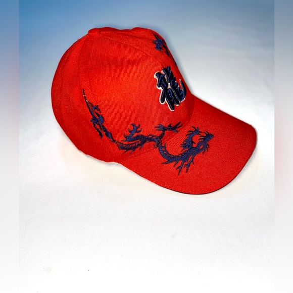 Red Dragons Chinese Calligraphy Character Dragon Embroidery Red Baseball Cap - Picture 4 of 7